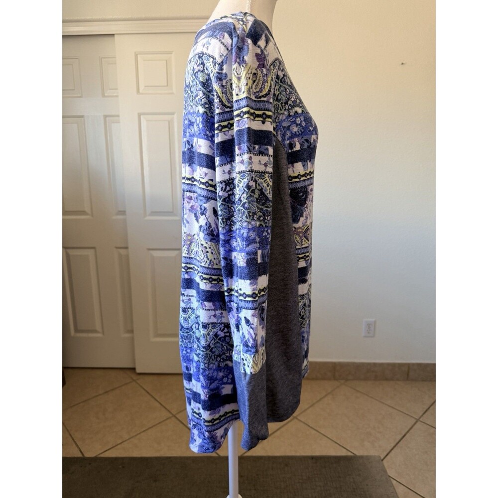 Zenergy by Chico's Large 2 Blue Purple Boho Print Tunic Top Long Sleeve - Picture 4 of 15